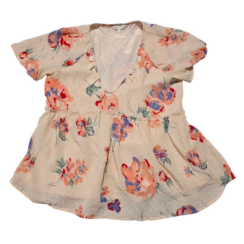 Lucky Brand Floral Peplum Blouse Women S Pink V-Neck Short Sleeve Boho Crinkle
